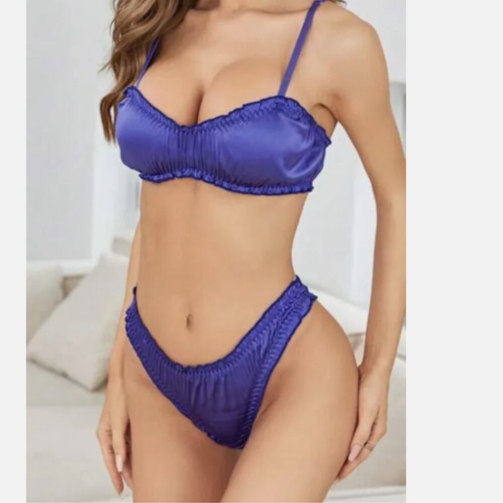 Blue Ruffle soft Satin Bra Wireless & Thong Panties Set Sz L